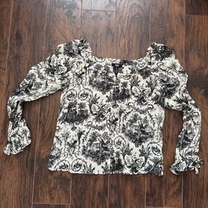 Paige Small Silk Black and White Cinched-Wrist Toile Du Jouy Blouse